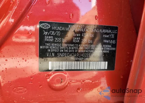 2020 Hyundai Sonata Se z USA, uszkodzony, nr VIN 5NPEG4JA9LH022327